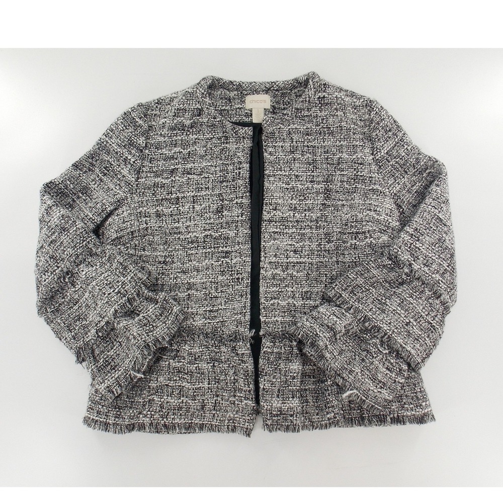 Chico's Tweed Peplum Jacket Tiered Ruffle Sleeve Women Size 1 Black White Blazer